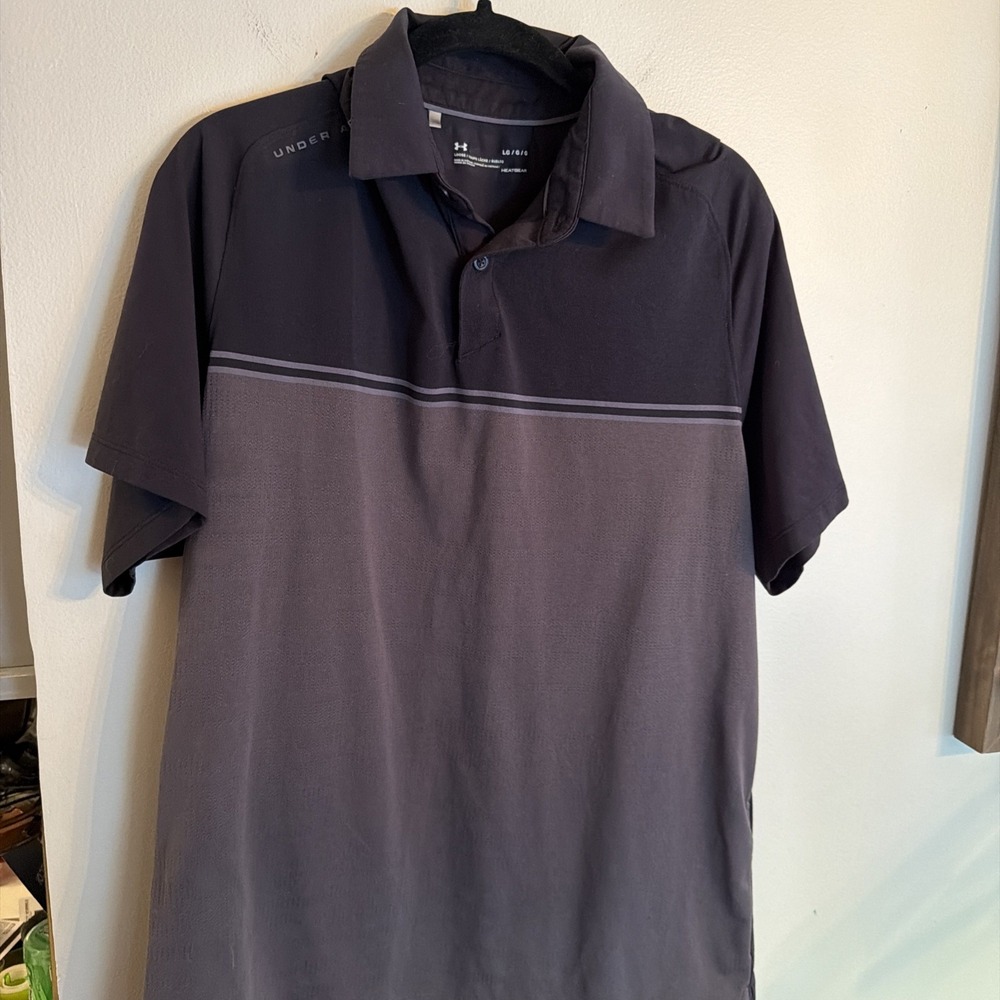 Under Armour Heat Gear Mens Size Large Loose Black Gray Short Sleeve Polo Shirt
